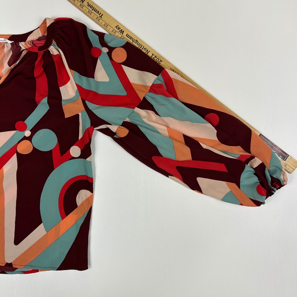 August Sky Womens Geometric Abstract Print Blouse Burgundy Teal RTH2011 Size L - Picture 7 of 8